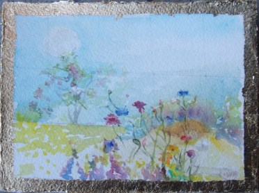 Watercolor  Gold leif border on water color paper. 5.75 in x 7.5 in  14.5cm x 19.5 cm 