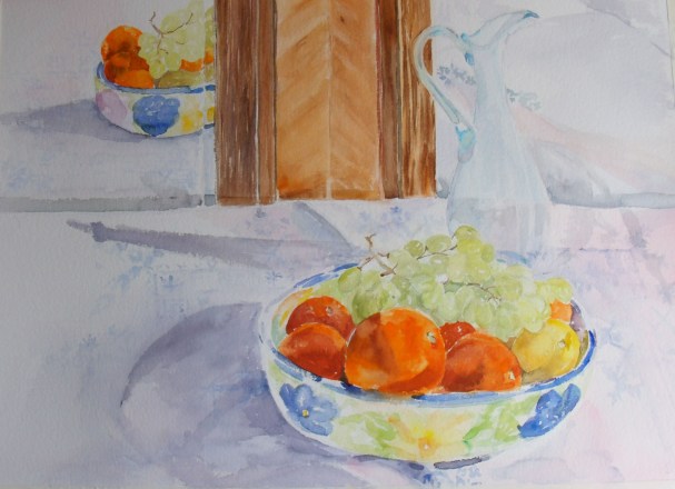 Here I started putting in details, and contrasting colors, re-analyzing the shapes.  But always working around the paper.