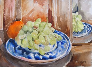 Grapes and Tangerine on Talavera Plate  11in x 15.25 in -  28 cm x 38.5 cm  - Arches 300 GMS - [$30.00]