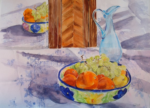 It's hard to tell, but as I was working around the paper yesterday and the day before, I was lightly laying in the pattern on the table cloth.  Today I emphasized.