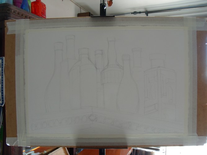 Today, I made a light drawing of the bottles.  First I estimated where the tops of the bottles go to make sure they all fit.  Then I developed one of the bottles more than the rest to use it as a measure.