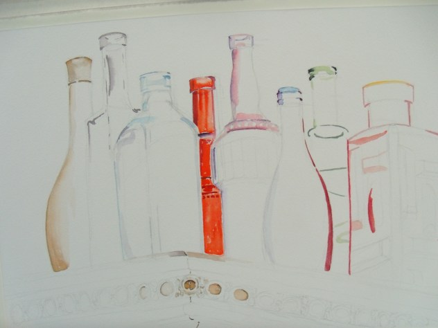 I started with the red bottle in the middle because I'm using this as a measure for the other values and colors.  I start to build around this bottle.