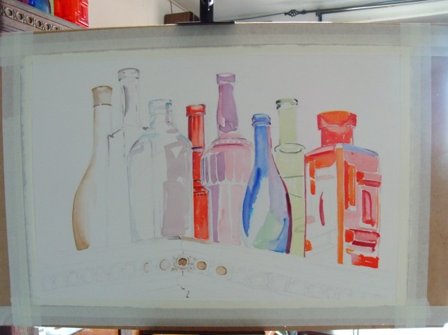 Working all around the bottles as well as the foreground.  At the moment.  I don't need to work on the background because it's almost white.