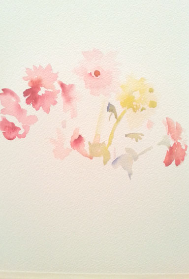 Starting off lightly, putting the shapes and colors of the flowers where I want to put them in the picture plane.
