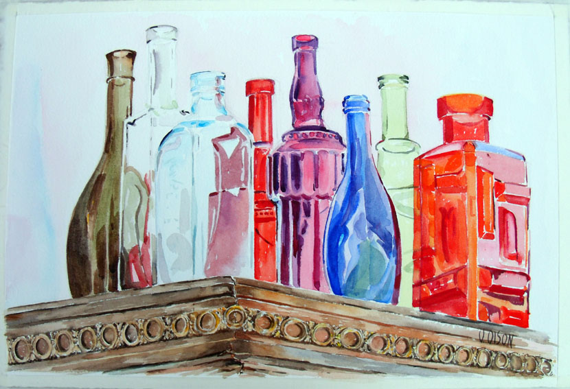 Glass Bottles on top of Antique Closet 2015