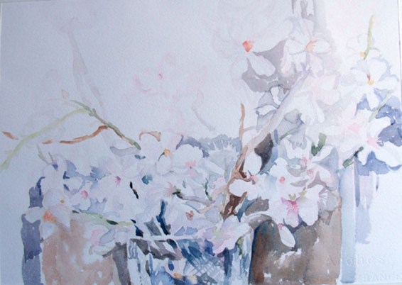 Then I started painting upwardly, putting everything in place lightly.