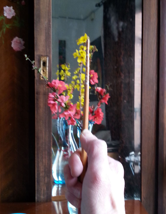 First I measure the vase against the flowers to see how many times the vase fits into the flowers.