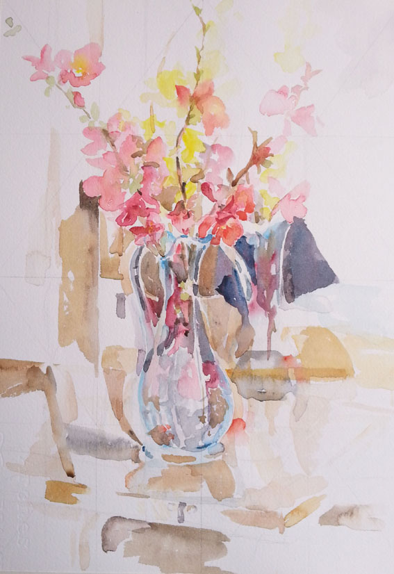 I work around the paper, trying to place everything down in one shot, only painting in the white areas until the paper is filled in.