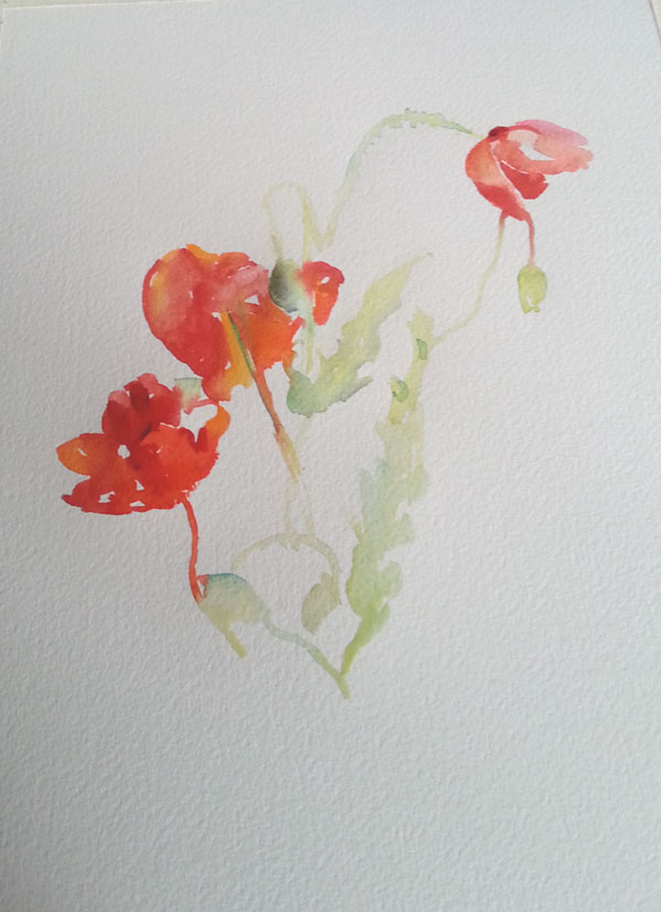 I estimate the distance between the flowers and paint the color, shape and tone directly as a finished stroke of the paintbrush. Painting into them again will make the flowers hard looking.