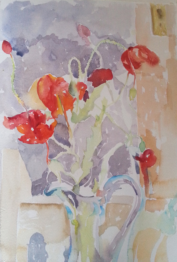 I'm only painting in areas where I haven't painted yet, covering the white of the paper and respecting the light colors.