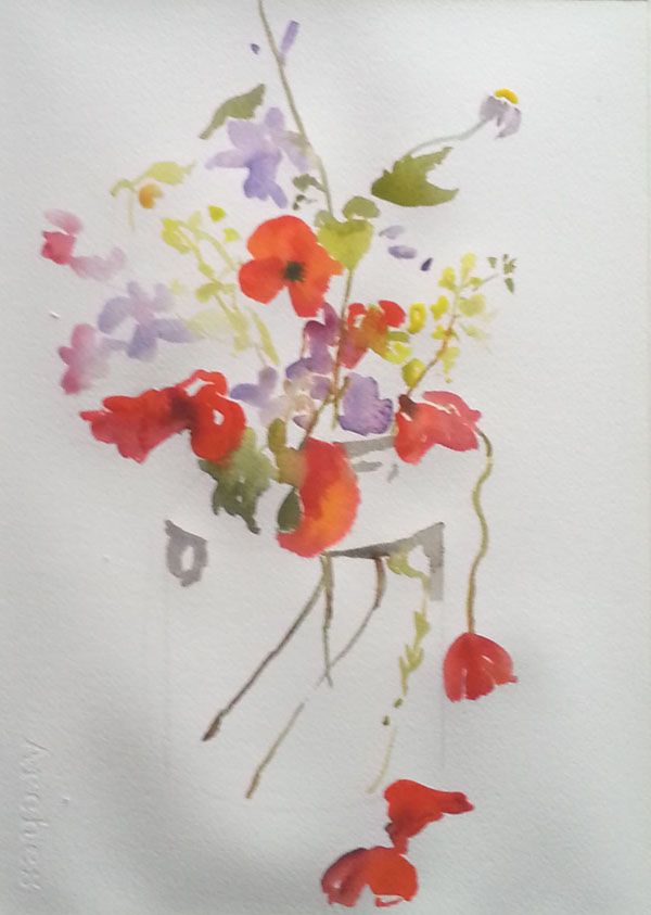 I don't pencil in the shapes of the flowers, I paint them directly with a brush, so that they don't look hard and cut out.