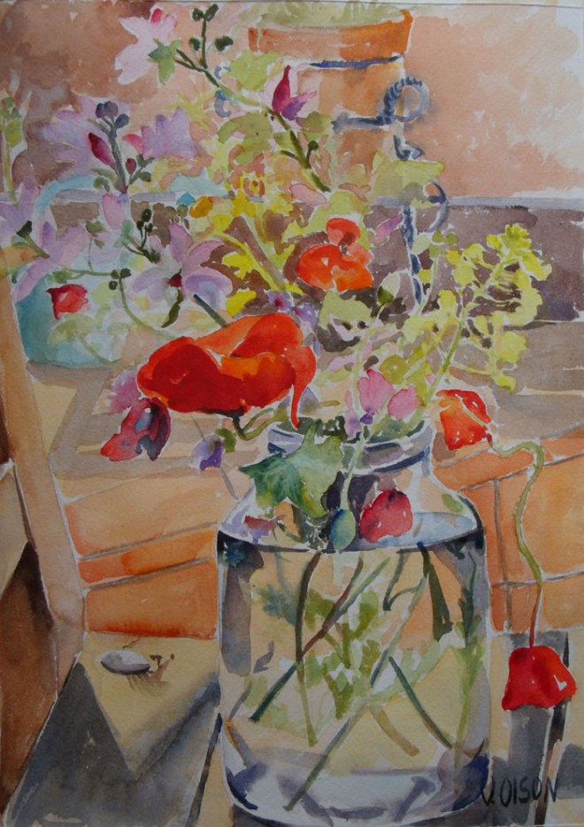 Red Poppies and Wild Flowers in Glass Jar April 2015