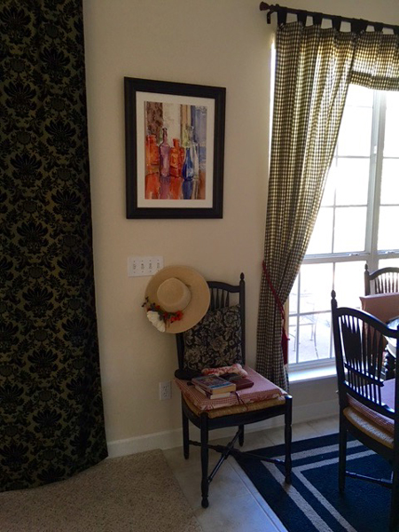 Glass Bottles on Table 2014, framed and on the wall