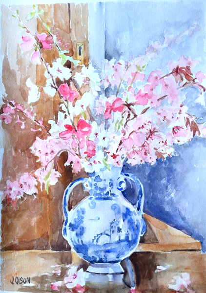 Pink Blossoms in Talavera Vase March 2015