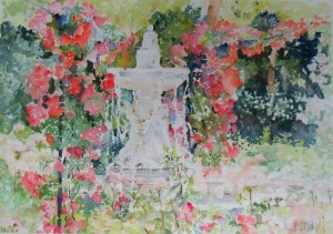 Acuarela del Jardin de Rosas en el Parque del Buen Retiro Madrid, España