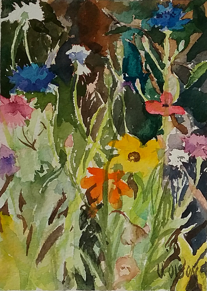 A small watercolor of California Wildflowers Yellow orange, blue, violet and pink small flowers