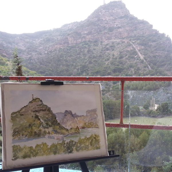 Watercolor of El Chorro and the background sky and mountain.