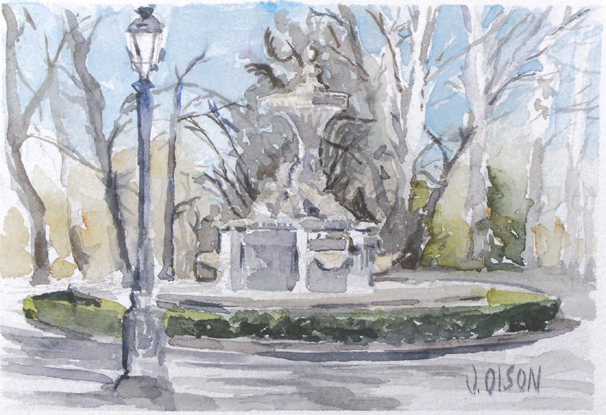 small watercolor of Fuente de los Galapagos. Can see a stone fountain in the winter with bare trees in the background. There is a light post in the foreground.