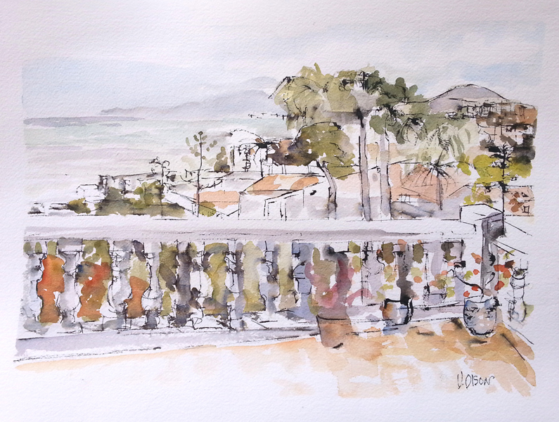 A watercolor of a porch with white stone railing overlooking the Medeterranean Sea.