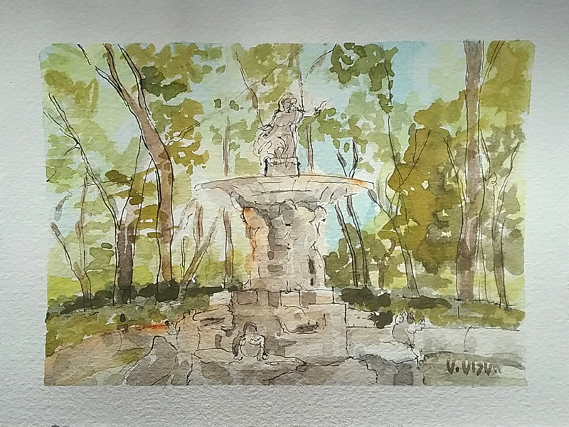 A watercolor of the Fuente de Narciso in Aranjuez, Spain. The fountain is of mythological motif. Four figures of Atlas holds up the dish. On top of the dish is a statue of Narciso. He is looking down at the pond below. In the pond are creatures like frogs and crocodile heads that are not clear in the watercolor. The fountain is dry. There are trees in the background against a clear blue sky.
