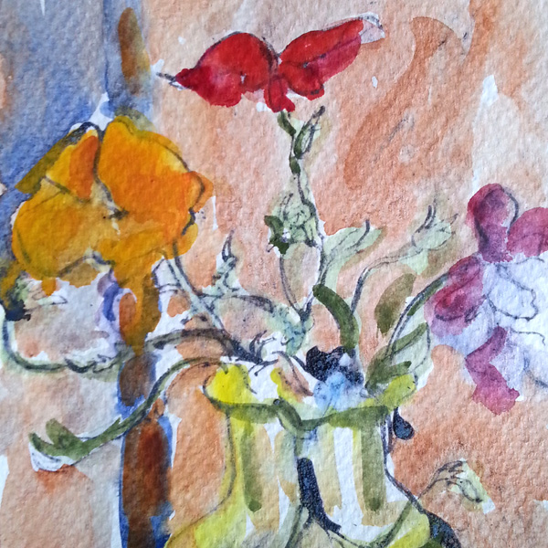 A small line and wash watercolor of wild flowers in a yellow glass bottle.