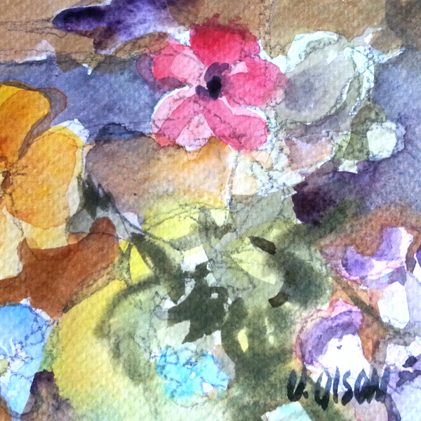 A small line and wash watercolor of wild flowers from a top view. It's a bit abstract. You can see a pink petal flower and part of a California poppy as well as the color blue and purple of other flowers.