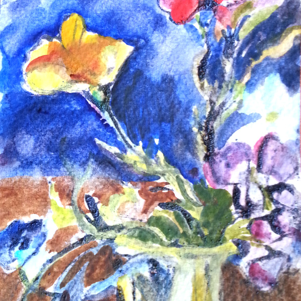 A small postcard size line and wash watercolor with a few wildflowers. An orange poppy in the foreground with a crimson flower on the right top corner and small violet flowers on the bottom right. Blue background