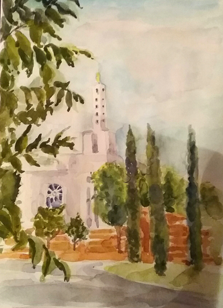 Watercolor of Mormon Temple. A white temple with a cloudy carmen and blue sky with puffy clouds. Cypress trees in front of a red brick wall and leaves falling in the foreground on the left.