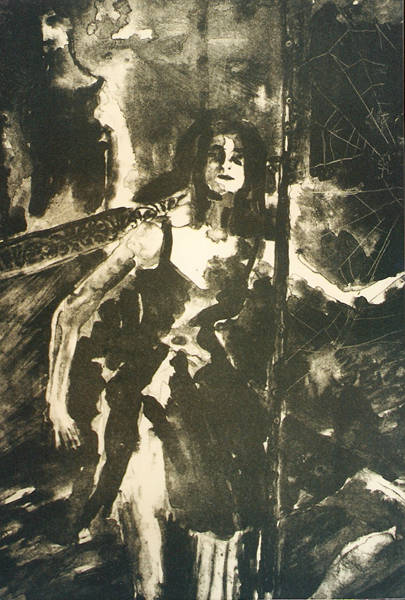 A lithograph of a woman sitting in front of a spider web