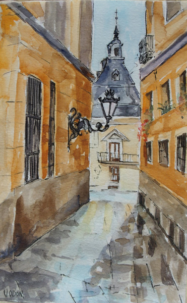 A watercolor of a short narrow street after a rain.