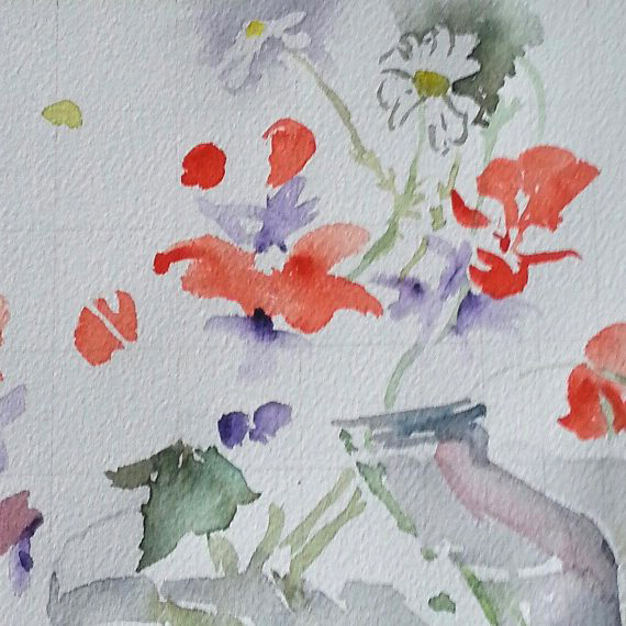 A watercolor of red poppies, daisies and a glass jar in the process of making.