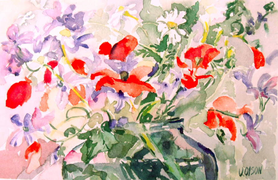 A watercolor of poppies and daisies with little purple or violet flowers in a pickle jar.