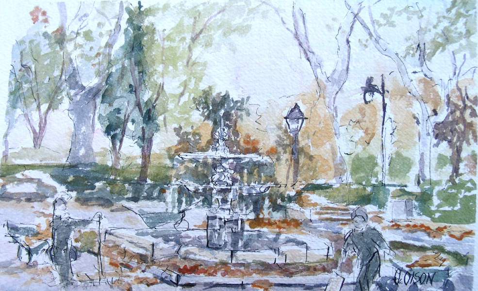 A pen and ink with watercolor wash of a double dish fountain in a loose style.