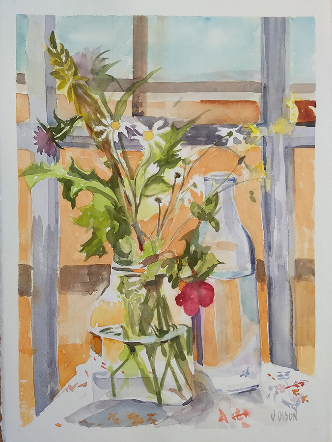 A watercolor of Wildflowers in a Pickle Jar