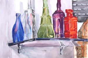 Watercolor of Glass Bottles on Shelf