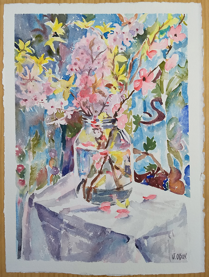 Watercolor of pink and yellow flowers in a picklejar on a white tablecloth