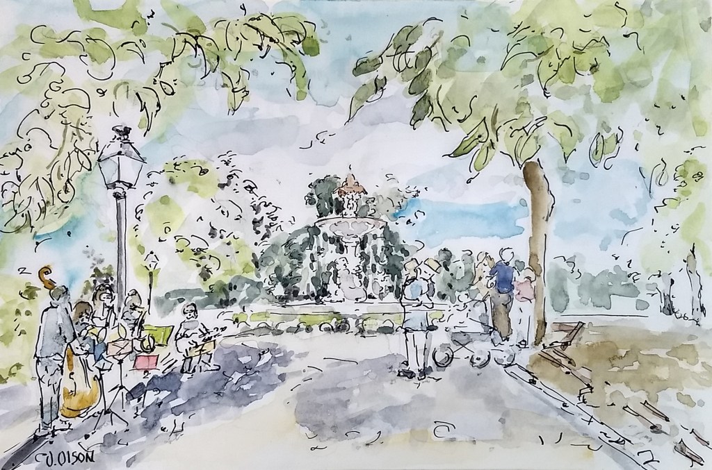 Watercolor of a day in the Retiro Park with a band playing and a couple dancing.