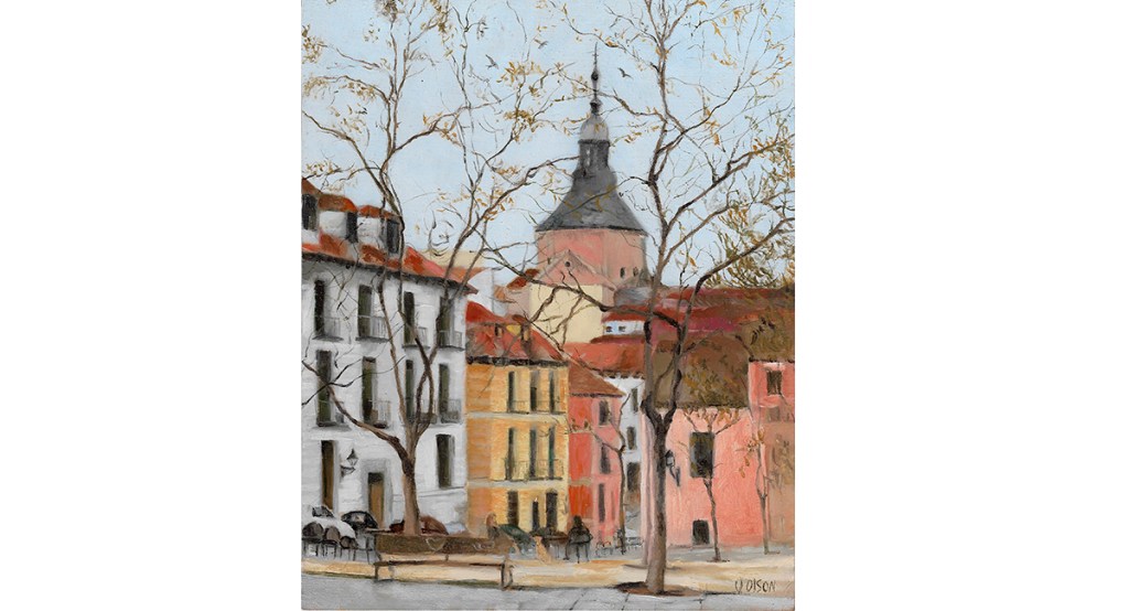 A small painting of Plaza de la Paja in Madrid, Spain