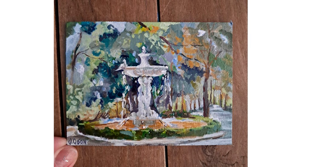 This is an oil painting of Fuente de las Ninfas in Retiro Park in Madrid, Spain