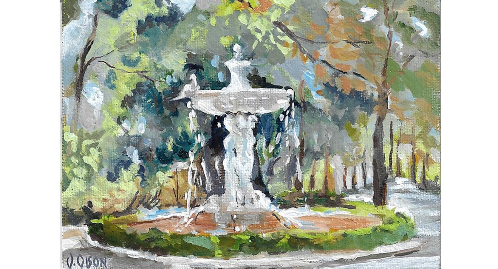This is a miniature oil painting of The Fountain of the Nymphs located in Retiro Park, Madrid, Spain.