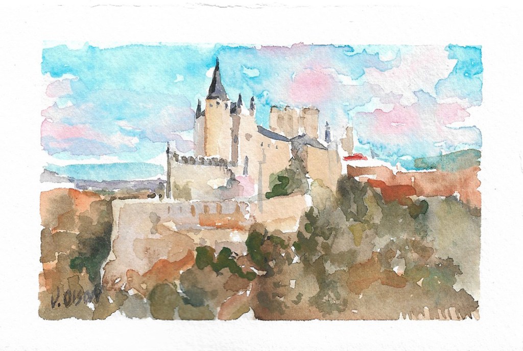 Castillo de Segovia (Tiny watercolor of the castle in Segovia, Spain)